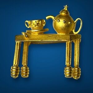 Vintage Leslie Block Gold Tone Brooch Pin Tea Set Table Whimsical Kitschy Signed